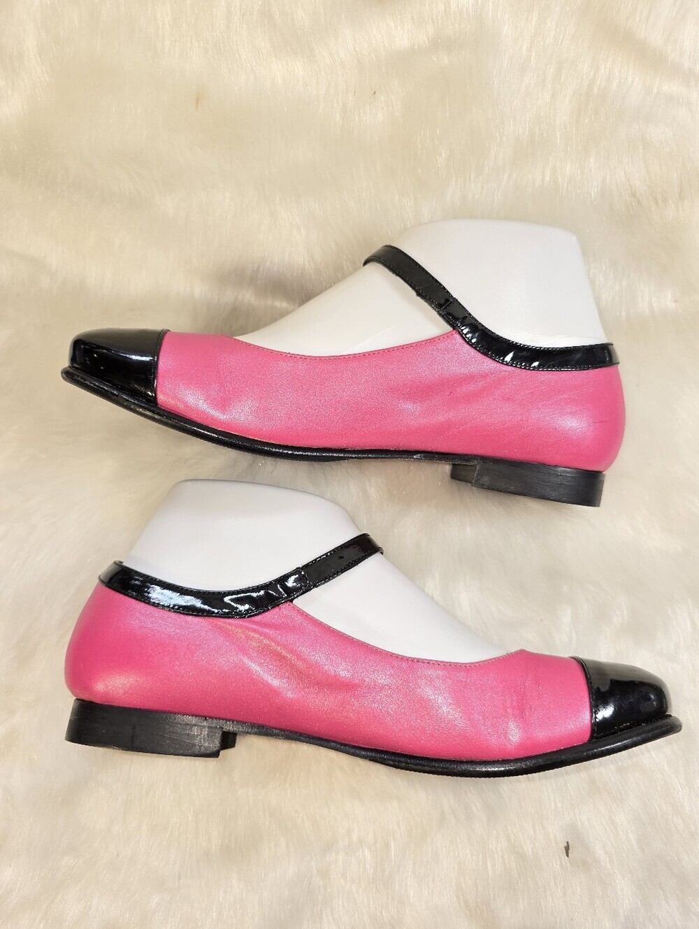 Women's Pink and Black Mary Jane Flats with Buckle Strap